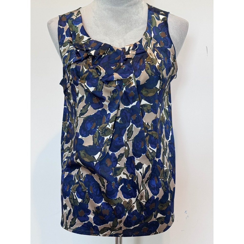 Ann Taylor Loft Petites Blue Floral Ruffle Neck Sleeveless Blouse Top MP